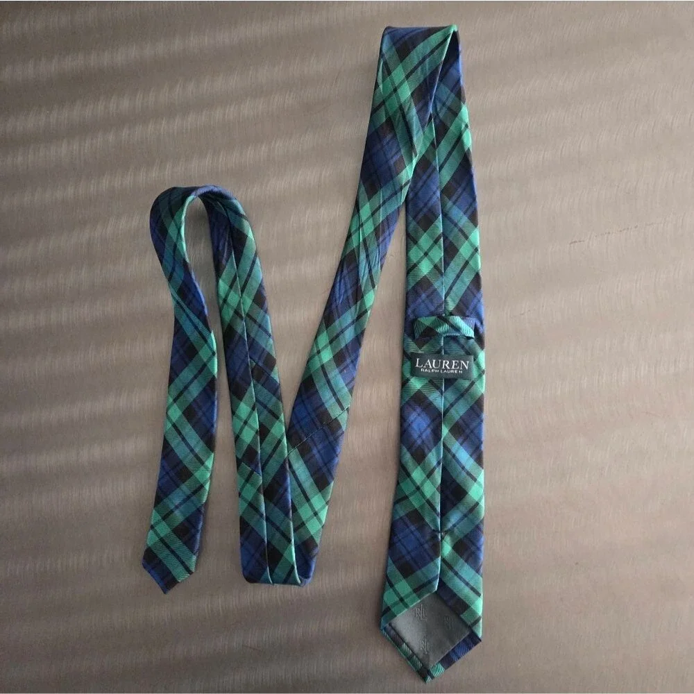 Lauren Ralph Lauren Classic Tartan Plaid Silk Tie Green Blue Preppy 2.5